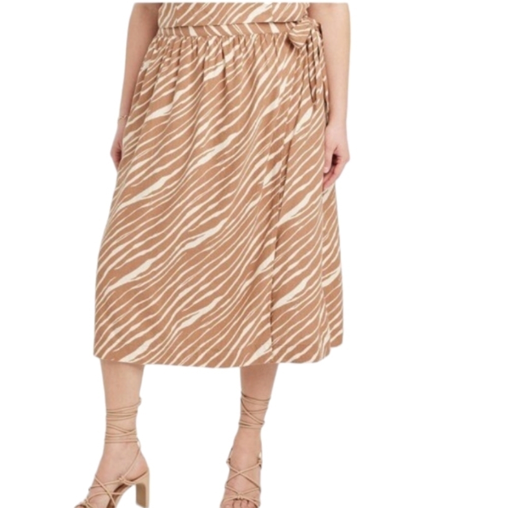 A New Day Linen Blend Neutral Tan Cream Breezy Flowy Wrap Midi Skirt XXL